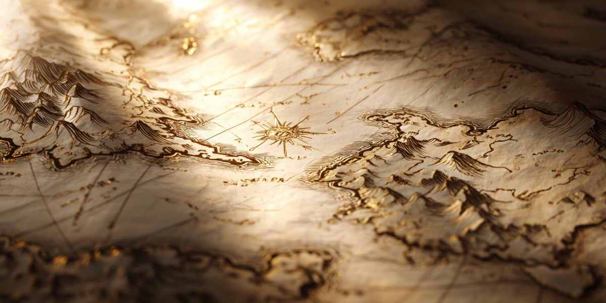 An aged parchment map richly engraved with gold-inked coastlines, mountain ranges, and a central compass rose. The map’s surface is textured and softly lit, with shadows playing across the raised details, evoking the feel of a hand-drawn, exploratory chart from a bygone age. The geographical features—sharp ridges, winding rivers, and jagged coasts—are stylized with fine, deliberate lines, suggesting a world both imagined and meticulously rendered.